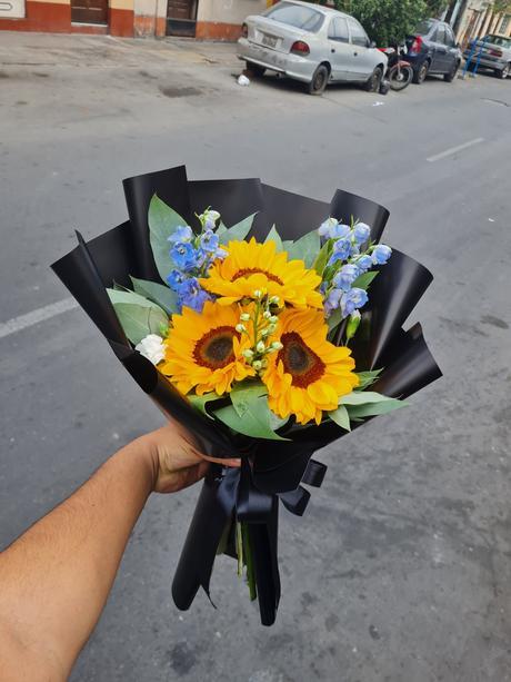 Ramo de 3 Girasoles con Delphinium - Delirio Florería